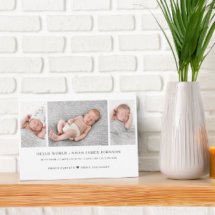 Modern Birth Announcement 3 Photos Collage Card