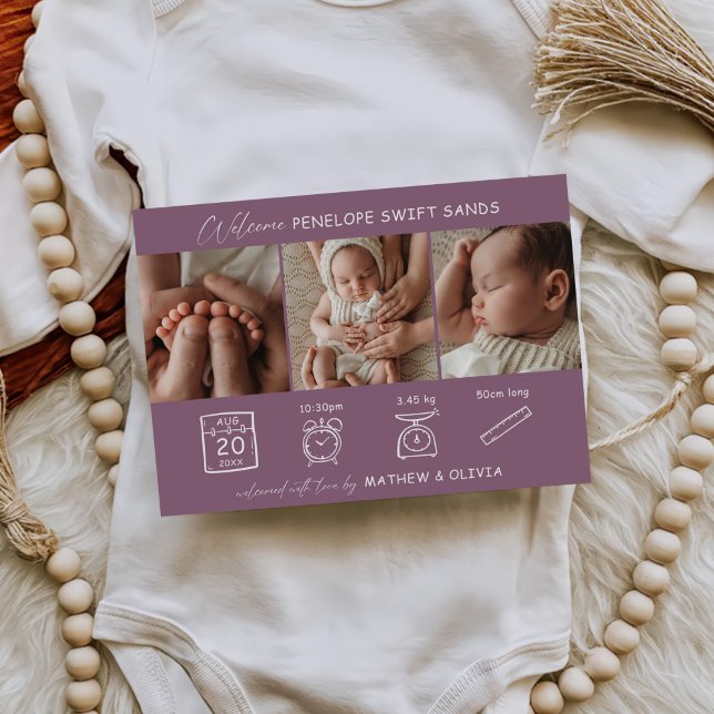 Modern Birth Announcement 3 Photos Collage Card (Creator Uploaded)