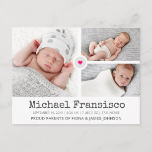 Modern Birth Announcement Photo Grid Collage Postcard