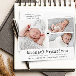 Modern Birth Announcement Photo Grid Collage Postcard<br><div class="desc">Modern one of a kind design birth announcement postcard with decorative heart connecting the photos,  name,  birth info,  message and 3 photos on a grid. Customise the back or delete the text for handwritten message. A loverly way to announce your baby to friends and family.</div>