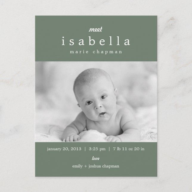 MODERN Birth Announcement Postcard (Front)