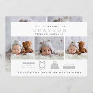 Modern Birth Announcement With Stats Icons Card