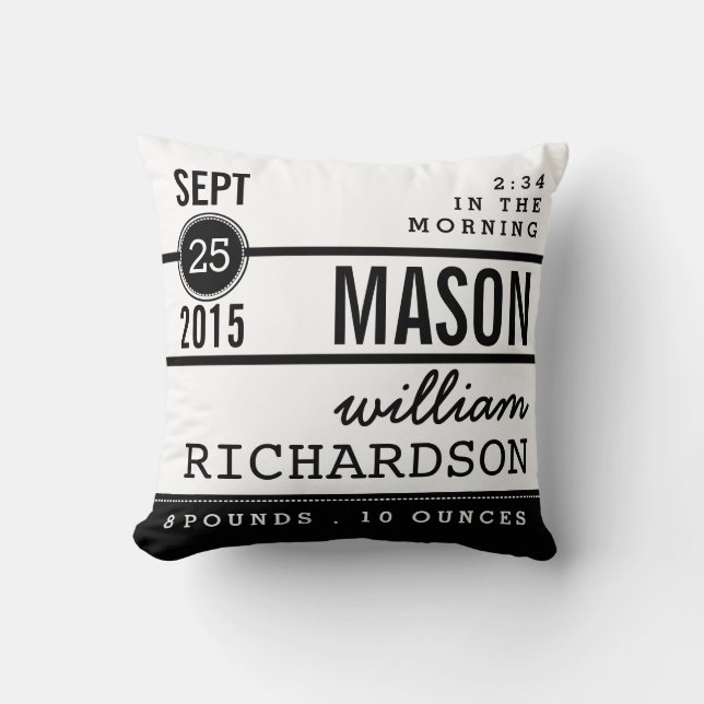 Modern Birth Baby Boy Personalised Nursery Pillow (Front)