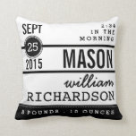 Modern Birth Baby Boy Personalised Nursery Pillow<br><div class="desc">A modern typography design that mixes fonts and bold style to create a contemporary record of baby's birth in black and white. Coordinating black and white random dot pattern on the back.</div>