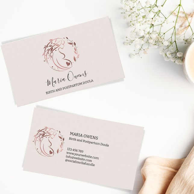 Modern Birth Postpartum Doula Midwife Lactation Business Card (doula rose gold floral woman with belly logo)