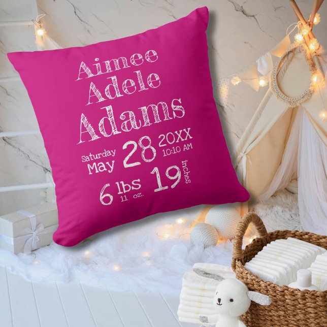 Modern Birth Stats Baby Pillow | Magenta Stripes (Creator Uploaded)