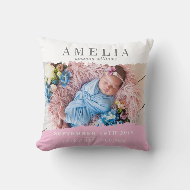 Modern Birth Stats Photo Keepsake Cushion (Front)