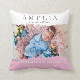 Modern Birth Stats Photo Keepsake Cushion