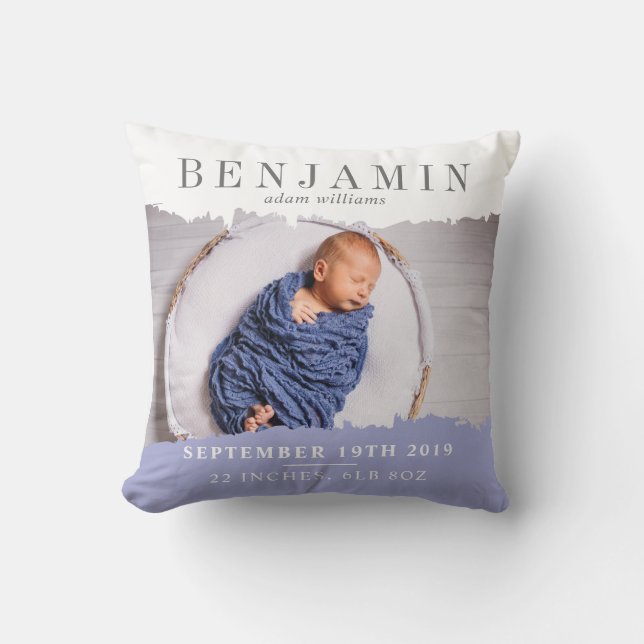 Modern Birth Stats Photo Keepsake Cushion (Front)