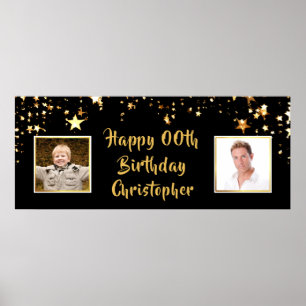 Modern Birthday ANY Age Photo Gold Stars Black Poster
