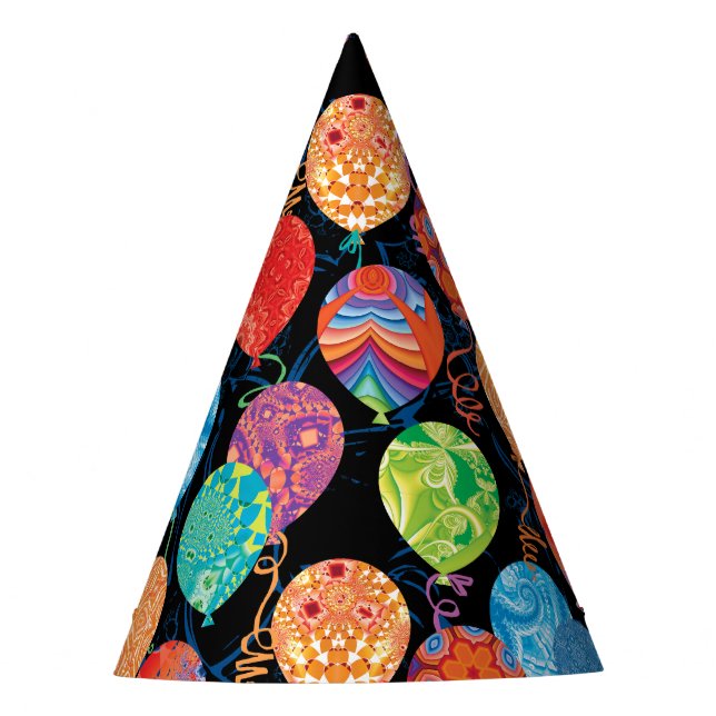 Modern Birthday Balloons on Black Party Hat (Front)
