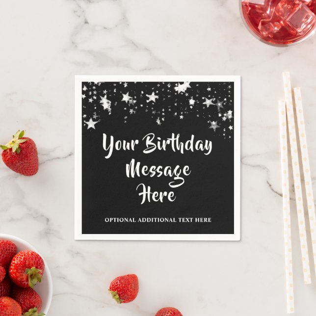 Modern Birthday Black Silver Stars Personalised Napkin (Insitu)