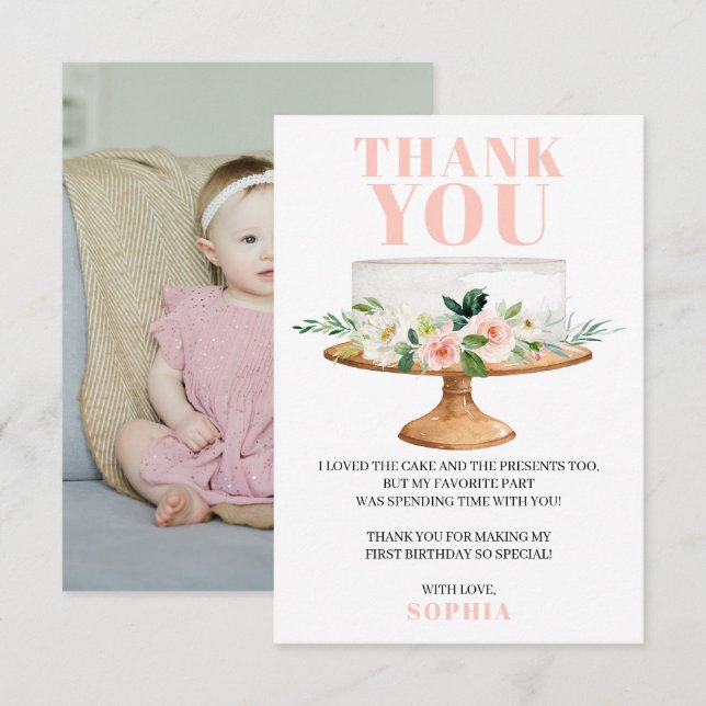 Modern Birthday Cake First Birthday Thank You Card (Front/Back)