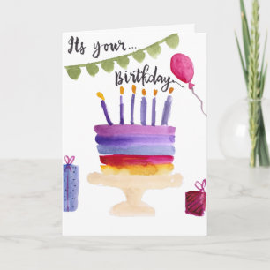 Modern birthday cake watercolor birthday card