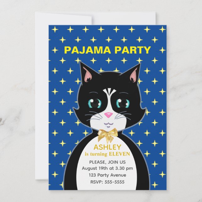 Modern Birthday Cat Pajama Party Invitation (Front)