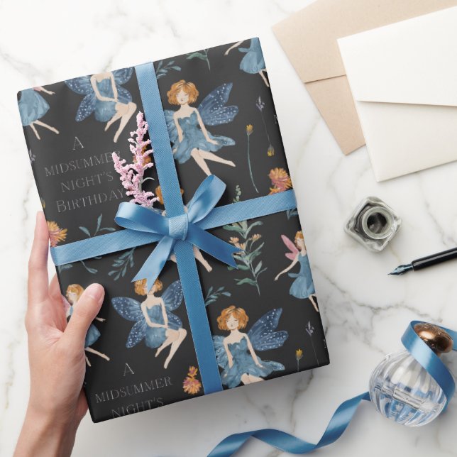Modern Birthday Cute Whimsical Fairy Black Wrapping Paper (Gifting)