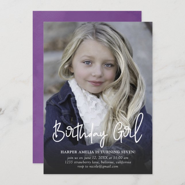 Modern Birthday Girl Calligraphy Birthday Invitation (Front/Back)