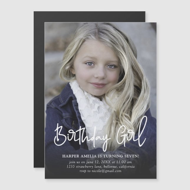 Modern Birthday Girl Calligraphy Birthday Magnetic Invitation (Front/Back)