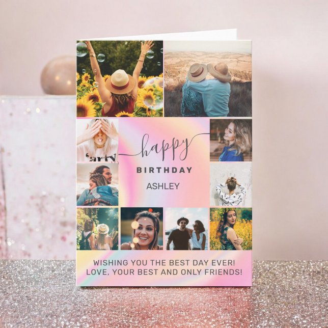 Modern birthday girly marble 11 photo collage grid card (Modern birthday girly marble 11 photo collage grid card)