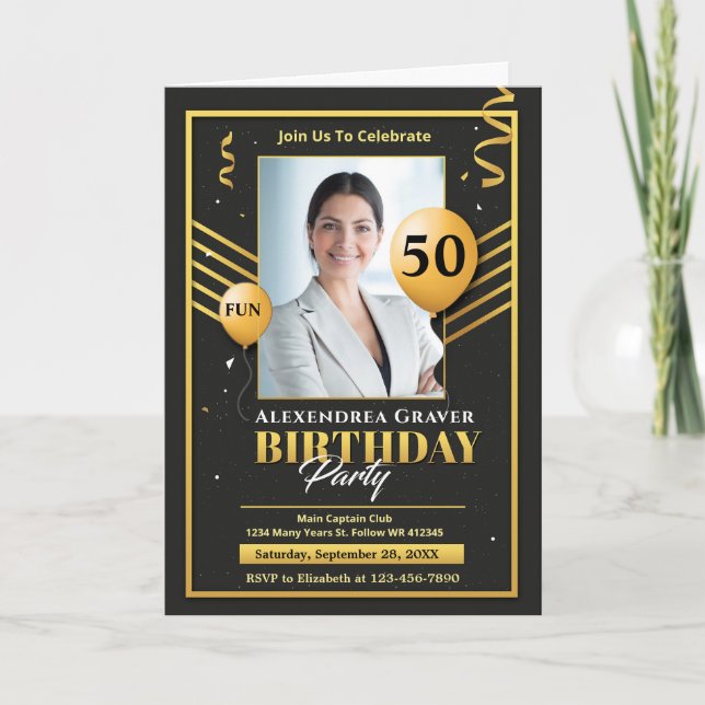 Modern Birthday Gold Black 50th Photo Party  Card (Front)