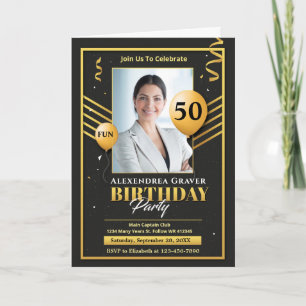 Modern Birthday Gold Black 50th Photo Party  Card