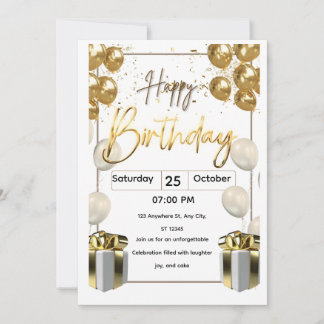 Modern Birthday Invitation Card with Golden Balloo