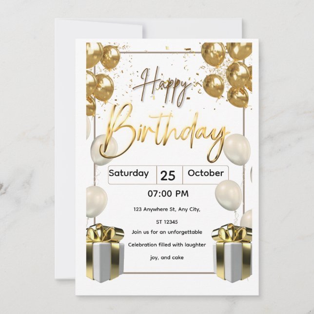 Modern Birthday Invitation Card with Golden Balloo (Front)