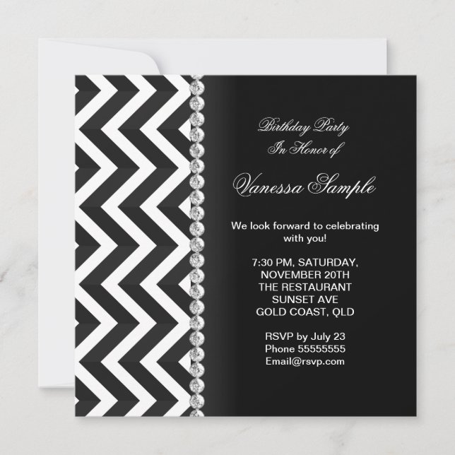 Modern Birthday Party Black White Chevron Stripe Invitation (Front)