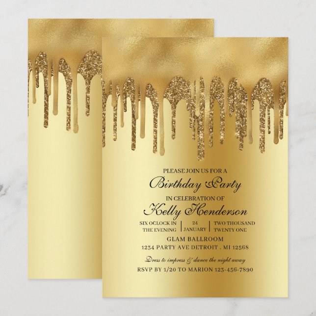 Modern Birthday Party Dripping  Gold Personalised  Invitation (Front/Back)