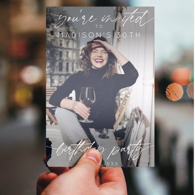 Modern Birthday Party Handwritten Script Photo  Invitation (Creator Uploaded)