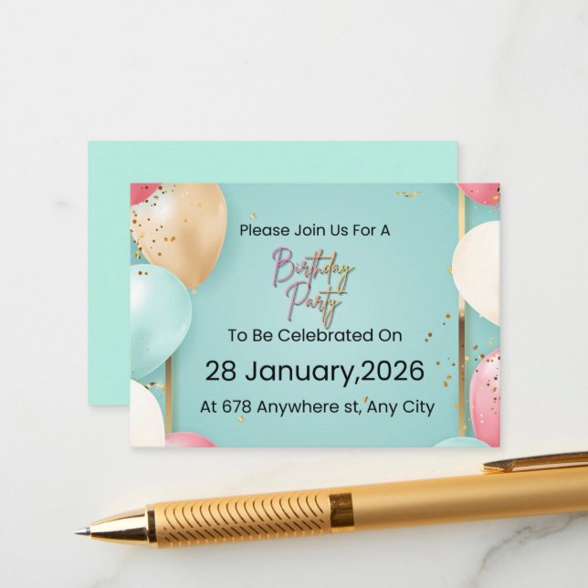  Modern Birthday Party Invitation || Customizable  (Front/Back In Situ)