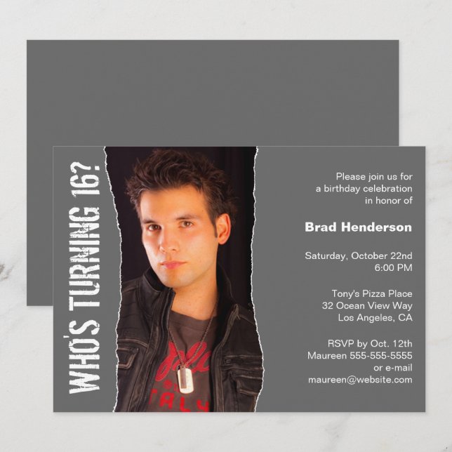 Modern Birthday Party Photo Invitation Dark Grey (Front/Back)