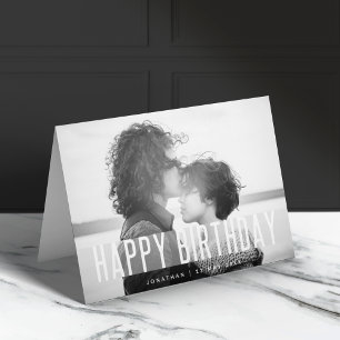 Modern Birthday Photo Name Black & White Happy Card
