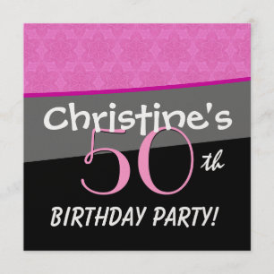 Modern Birthday Pink and Black Flower Star Pattern Invitation