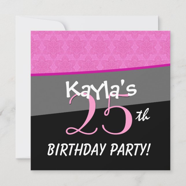 Modern Birthday Pink and Black Flower Star Pattern Invitation (Front)