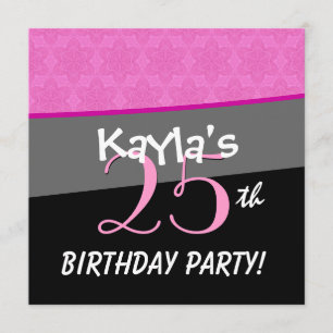 Modern Birthday Pink and Black Flower Star Pattern Invitation