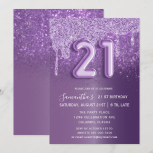 Modern Birthday Purple Glitter Balloon  Invitation
