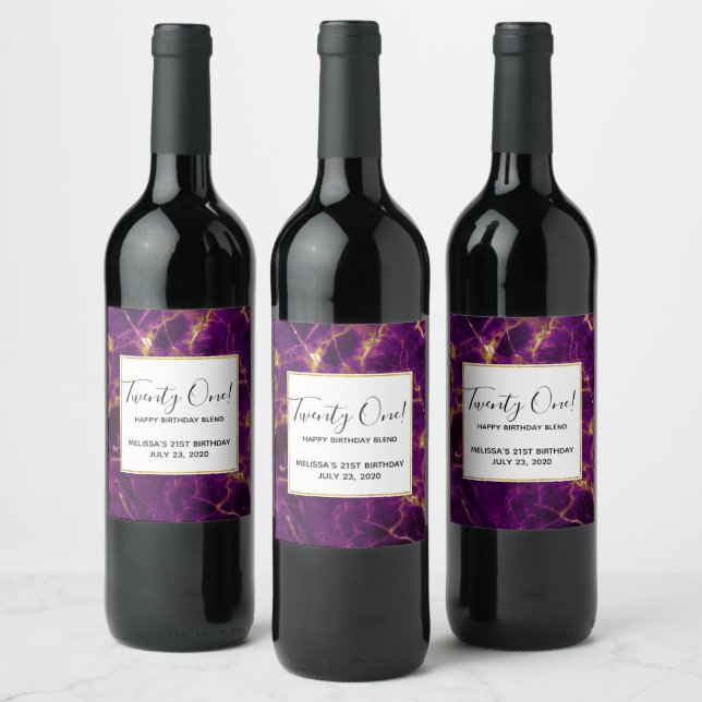 Modern Birthday Purple & Gold Abstract Marble Wine Label (Bottles)