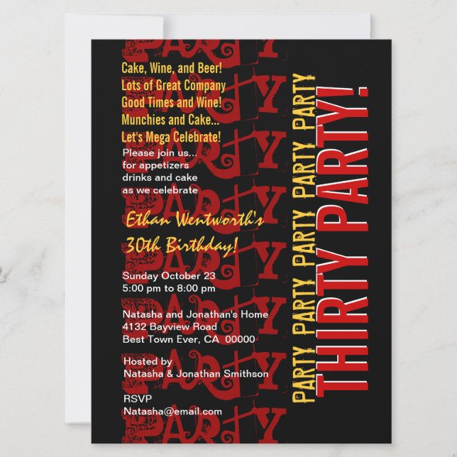 Modern Birthday Red Gold Black Grunge LARGE Invitation (Front)