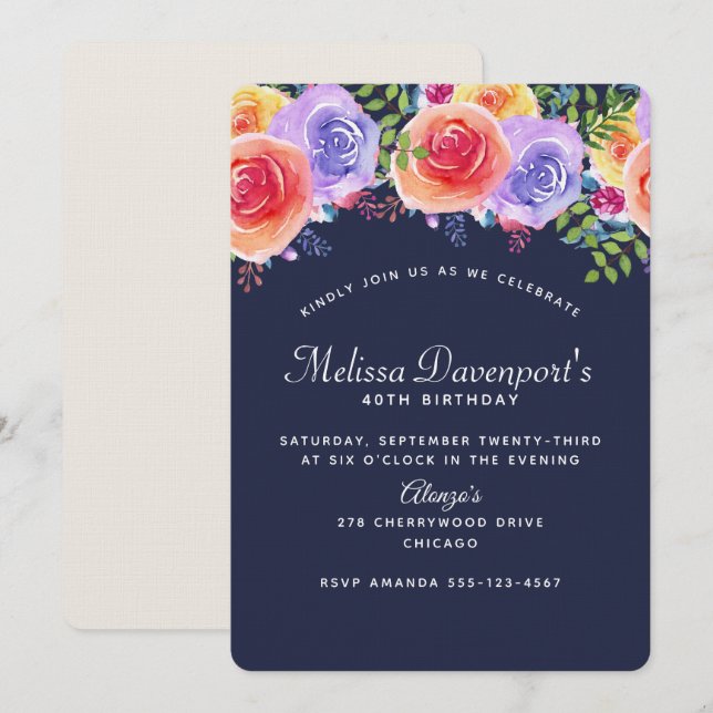 Modern Birthday Watercolor Floral Bouquet on Navy Invitation (Front/Back)
