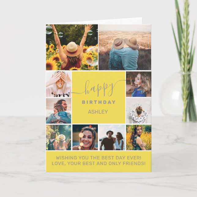 Modern birthday yellow grey 10 photo collage grid card (Front)