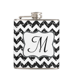 Modern Blac Glitter Chevron Monogram Whiskey Flask