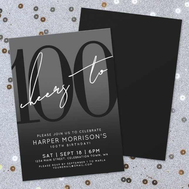 Modern Black 100th Birthday Party Invitation (Modern Black 100th Birthday Party Invitation)