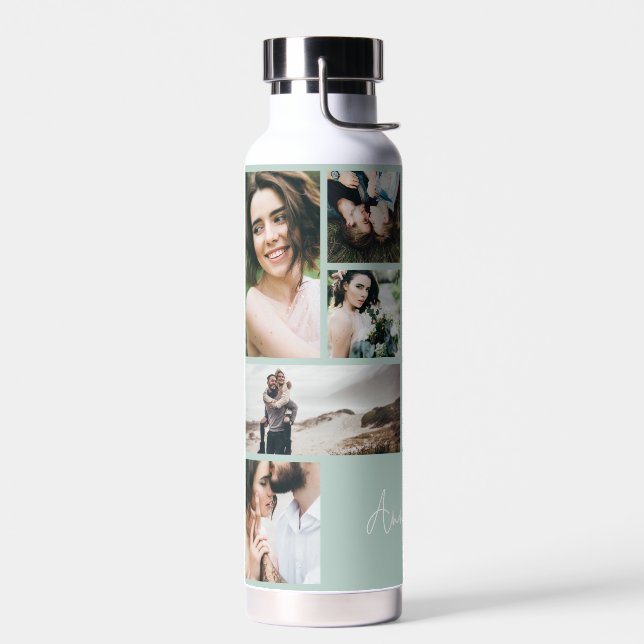 Modern black 10 photo personlaized elegant simple  water bottle (Left)