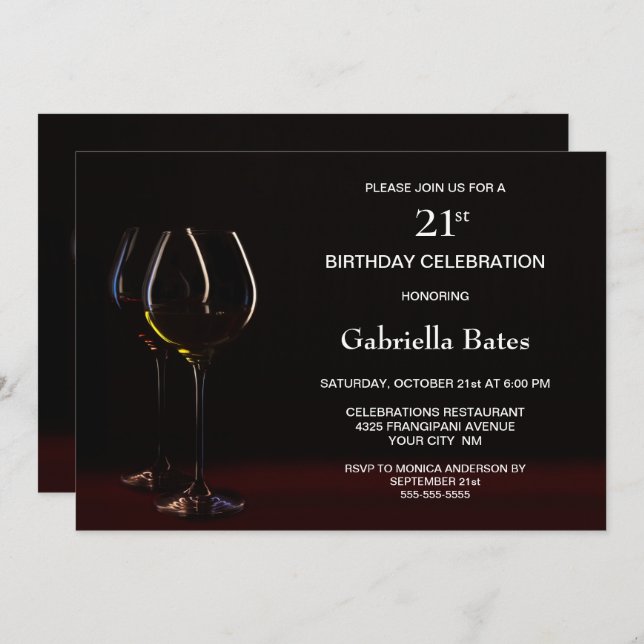 Modern Black 21st Birthday Wine Glass Party Invitation (Front/Back)