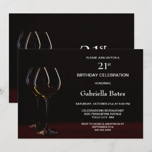 Modern Black 21st Birthday Wine Glass Party Invitation