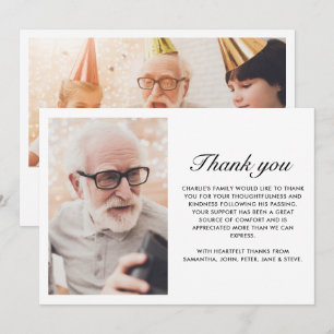 Modern Black 2-Photo Elegant Script Funeral Thank You Card