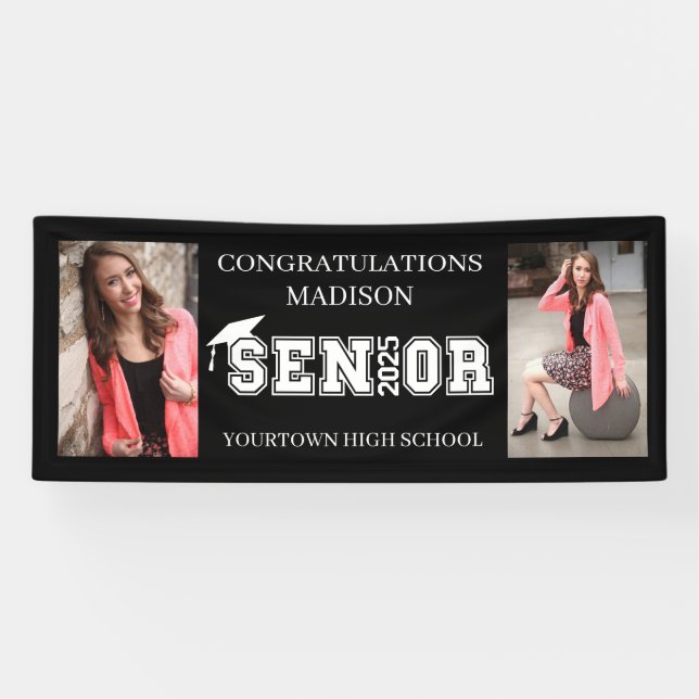 Modern Black 2 Photo Graduation Class 2025 Banner (Horizontal)