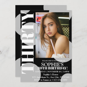 Modern Black 30th Birthday Party Photo Invitation