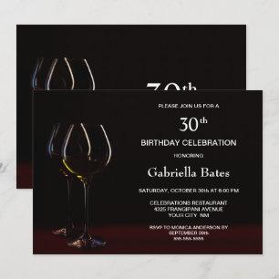 Modern Black 30th Birthday Wine Glass Party Invitation
